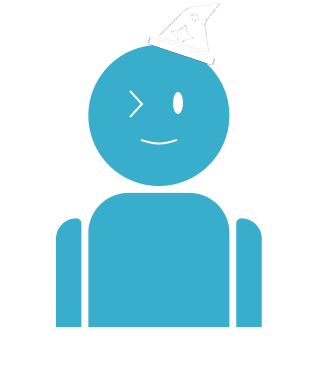 Blauw poppetje met knipoog en tovenaarshoed